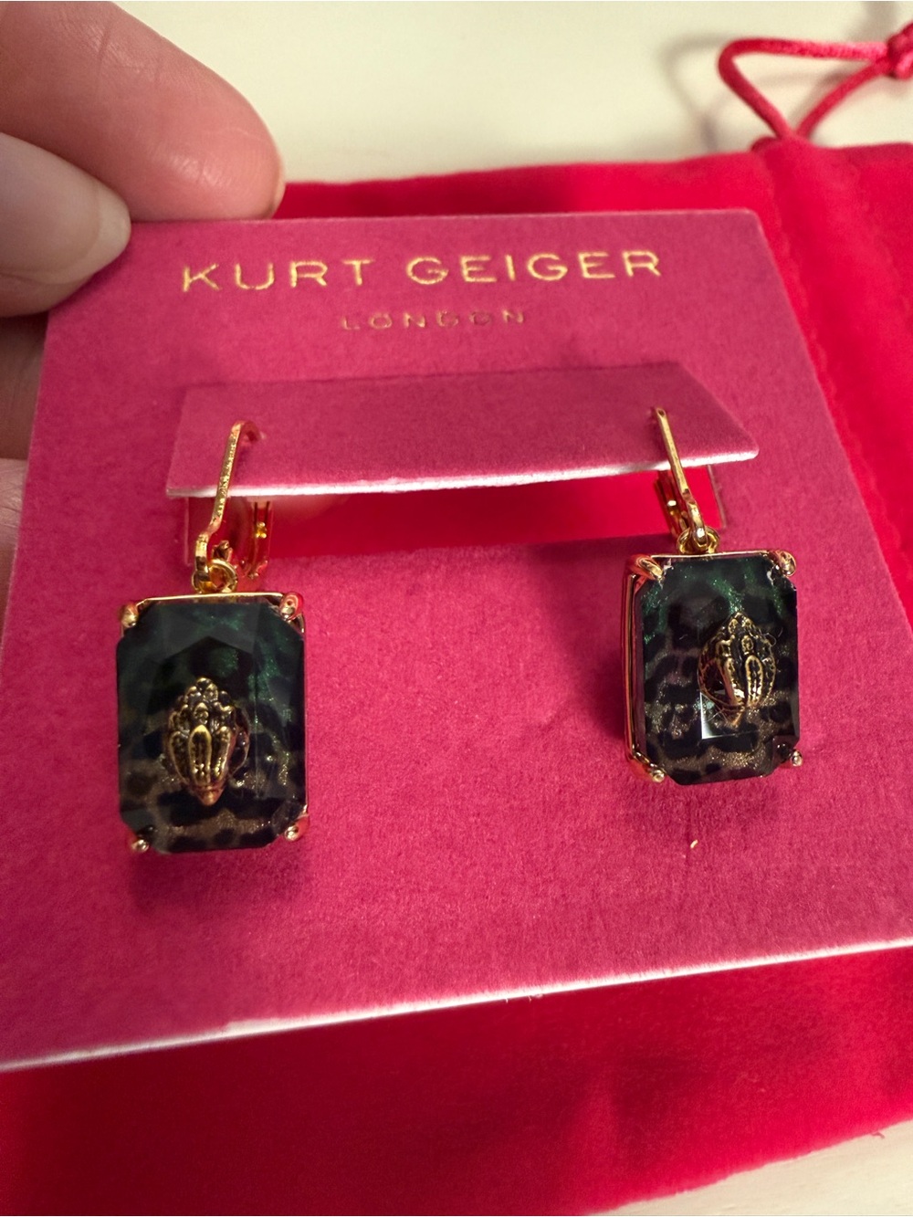 Kurt Geiger Green Leopard-Print Gold-Trim Drop Earrings - Picture 2 of 8